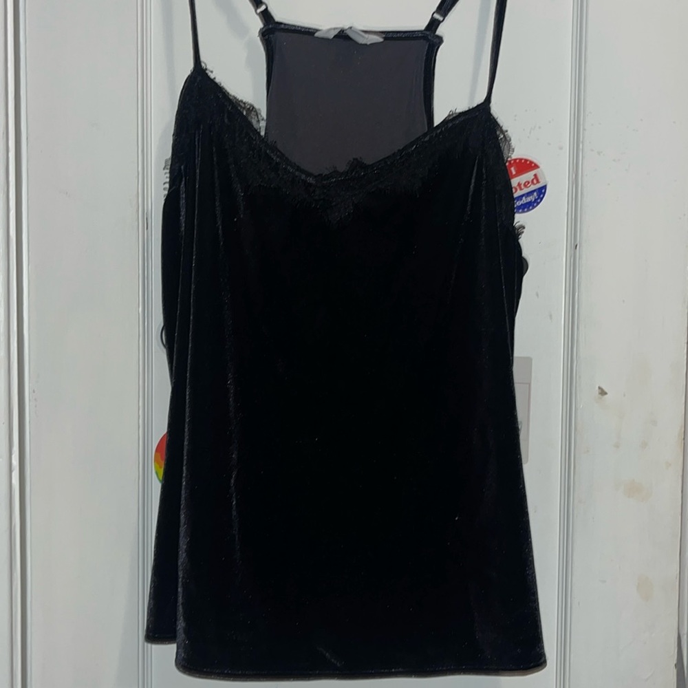 Velvet dark navy blue spaghetti top with lace